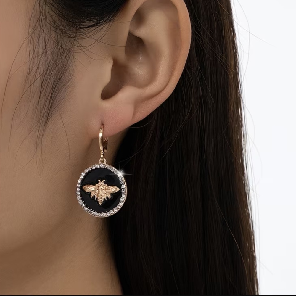 Gold Tone Bee Pendant Drop Earrings - Black Enamel & Crystal Accent New NWT